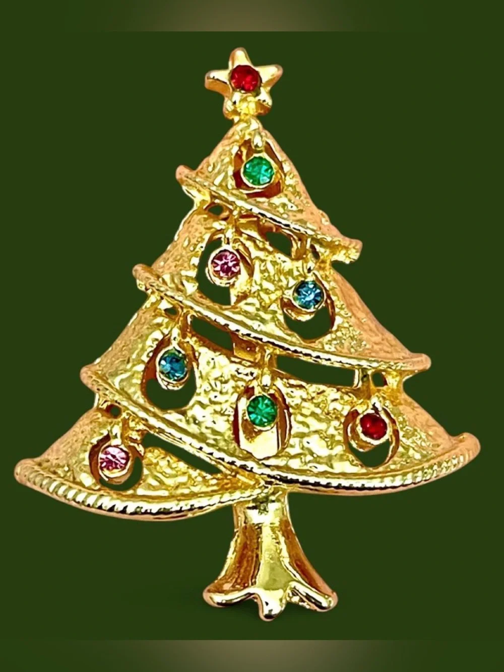 Vintage Christmas Tree Brooch Pin Multicolor Rhinestones Gold Tone Retro Holiday